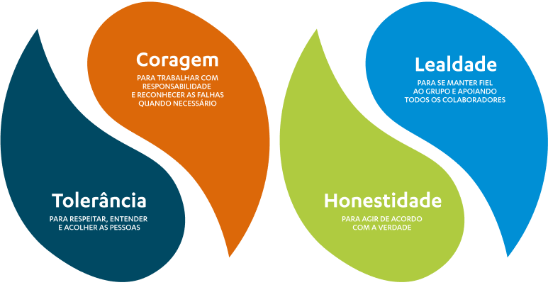 Coragem: PARA TRABALHAR COM RESPONSABILIDADE E RECONHECER AS FALHAS QUANDO NECESSÁRIO. Tolerância: PARA RESPEITAR, ENTENDER E ACOLHER AS PESSOAS. Lealdade: PARA SE MANTER FIEL AO GRUPO E APOIANDO TODOS OS COLABORADORES. Honestidade: PARA AGIR DE ACORDO COM A VERDADE.